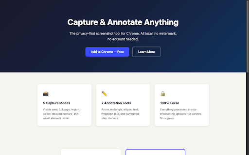 SnapMark - Full Page Screenshot, Screen Capture & Annotation Tool :: Full page screenshot & screen capture tool for Chrome. 7 capture modes, 7 annotation tools. 100% local, no watermark, free.