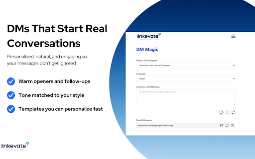 Linkevate - Tool for Consistent LinkedIn Engagement and Lead Generation :: A Chrome extension that generates authentic LinkedIn comments, posts, and DMs in your voice to save time and boost engagement.