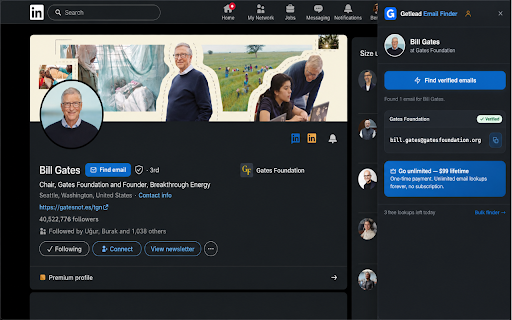 Getlead Email Finder :: Find a work email on any LinkedIn profile in one click. Reads shared contact info and verifies likely addresses by SMTP.