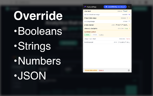 FeaturePeep :: Inspect & override feature flags in real time. Any page, any environment. No API keys or dashboard access required.