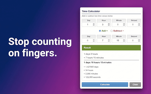 Time Calculator :: Time calculator for adding and subtracting hours, minutes, seconds. Duration, work time, and date calculator in your toolbar.