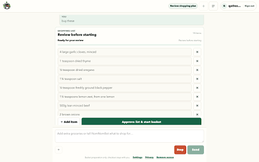 NomNomBot AI Shopper :: Create or pick a saved shopping list; search or randomise meals, use AI edits, then prepare items one by one. Checkout stays manual.
