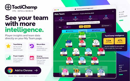 TactiChamp FPL :: TactiChamp adds intelligent player ratings, return rates, performance trends, and fixture insights to Fantasy Premier League.