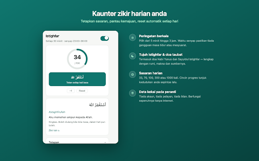 Peringatan Istighfar :: Peringatan istighfar berkala + kaunter harian. Reminder lembut sepanjang hari supaya lidah sentiasa basah dengan zikir.