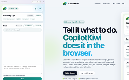 CopilotKiwi - AI Browser Agent :: An AI browser agent that can understand pages, perform browser actions, & complete multi-step workflows directly inside Chrome.