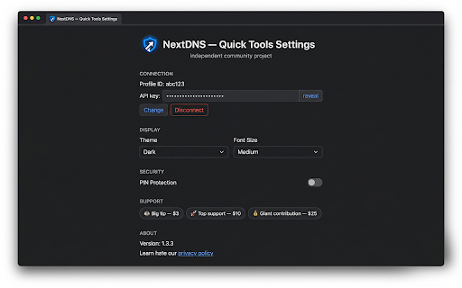 NextDNS — Quick Tools :: Manage your NextDNS DNS-filtering profile from the toolbar — allowlist, denylist, flush cache, logs, analytics & connection status.