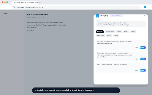 Replyally — AI Reply Assistant :: Draft smart, context-aware replies in your voice — directly inside Gmail, LinkedIn, X, WhatsApp Web, and Slack.