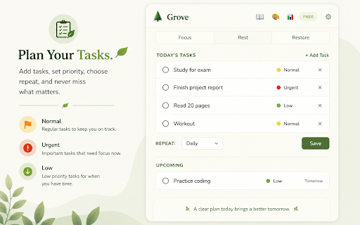 Grove – Pomodoro Timer & Website Blocker :: A calm, nature-themed Pomodoro timer with tasks, sound alerts, and website blocker to help you grow through focused work.