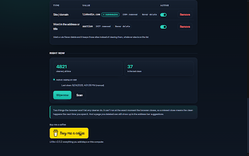 Lil Bro Wipe – History Cleaner :: Wipes the sites and words you pick out of your history: as you browse, or the next time you open the browser.