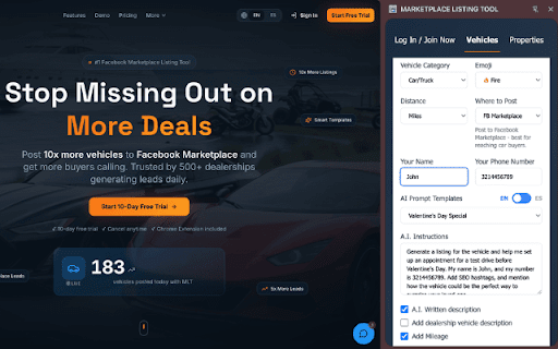 MARKETPLACE LISTING TOOL :: Use AI to post vehicle, motorcycle, boat, property listings and more to Marketplace in seconds.