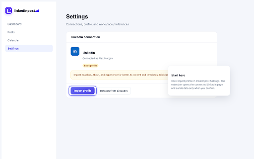 linkedinpost — Profile Import :: Import your LinkedIn profile into linkedinpost.ai (user-initiated, click only).