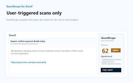 GuardScope - Email Security :: AI-assisted phishing and email threat analysis for Gmail with sender, link, domain, and social-engineering checks.