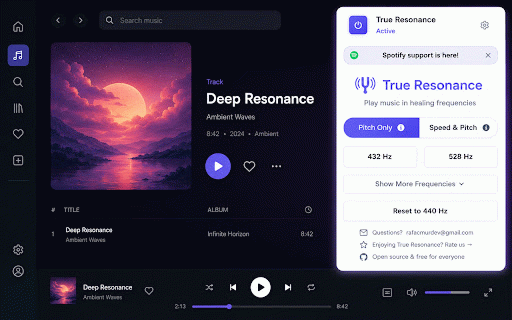True Resonance - 432Hz audio retuner :: Retune Spotify, YouTube, Apple Music & any web audio to 432Hz, 528Hz & Solfeggio healing frequencies - in real time.