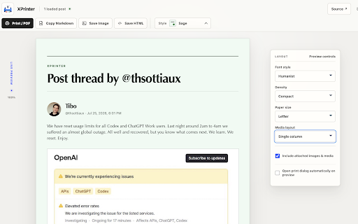 XPrinter - Save X/Twitter Posts as PDF :: Export X/Twitter posts and visible threads as clean printable PDF documents.