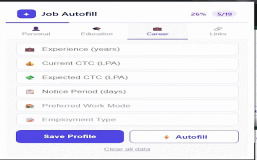 Job Autofill — Auto Fill LinkedIn & Naukri Forms :: Auto-fill job applications on LinkedIn, Naukri, Internshala, Indeed & Unstop. Save profile once, fill any form in one click.