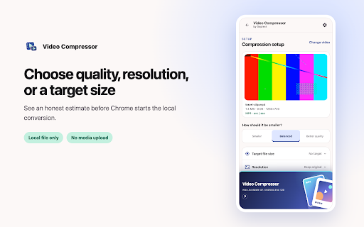 Video Compressor – Compress Video :: Compress video and MP4 files, reduce video size, choose a target file size, and keep everything local in Chrome.
