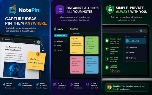 NotePin :: Pin sticky notes to any webpage. Anchor to elements, stay private, work offline.