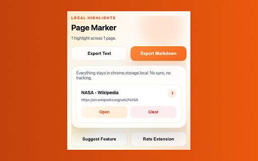 Page Marker :: Highlight text on any page. It's still there next time you visit. Export as text or Markdown.