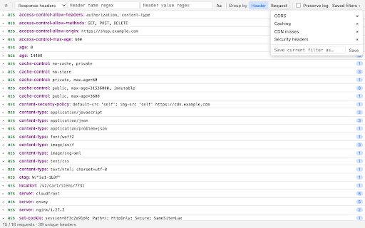 Header Grep :: Search and filter HTTP request and response headers with regular expressions in a dedicated Chrome DevTools panel.