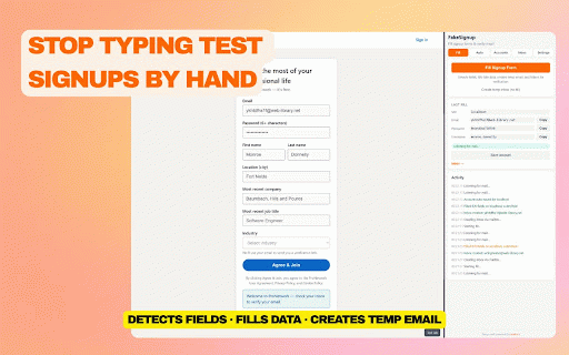 Signup Tester - Temp Mail & OTP | FakeSignup :: Fill signup forms with realistic fake data, temp-mail inboxes, and OTP verification. Built for developers and QA testing in Chrome.