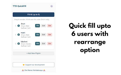 TTD QuickFill :: TTD QuickFill autofills TTD booking forms using your saved pilgrim details, making form filling faster and easier.