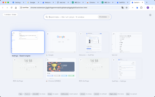 SwiftTab Pro :: Quick tab switcher with thumbnail previews, pinyin search, batch operations and Vim mode — switch to any tab in seconds.
