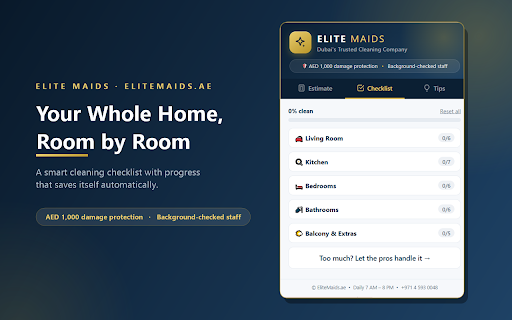Elite Maids — Dubai Cleaning Assistant :: Cleaning price estimates, room cleaning checklists, pro cleaning tips, and one-tap booking with Dubai's trusted cleaning company.