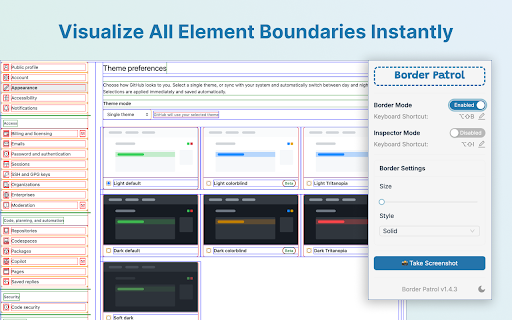 Border Patrol – CSS Debugger & Element Outliner :: CSS box model debugger & element outliner for fast UI inspection, layout visualization, and faster frontend development.