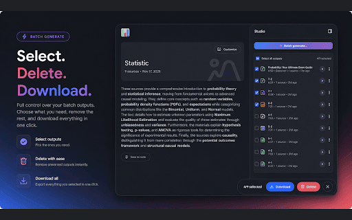 NotebookLM QoL - Batch Generate/Delete/Rename :: Quality-of-life tools for NotebookLM: batch generate per source, rename outputs, bulk download/delete for outputs and sources.