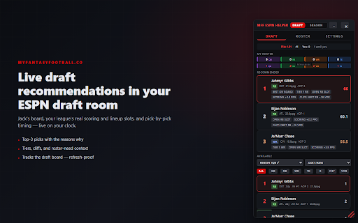 MFF ESPN Helper :: Draft helper + season mode for ESPN leagues: live pick recs, optimal lineups, waiver upgrades, sims, and one-click league import.