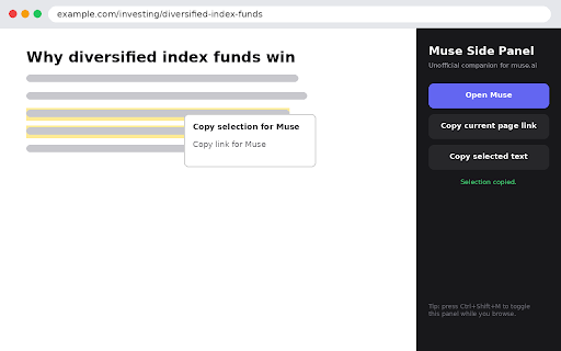 Muse Side Panel :: Unofficial companion for muse.ai: side panel access and copy page context into chat.