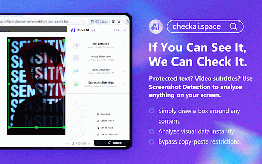 CheckAI :: Detect AI-generated text, images, or video — and humanize AI-flavored text paragraph by paragraph — right on any page.