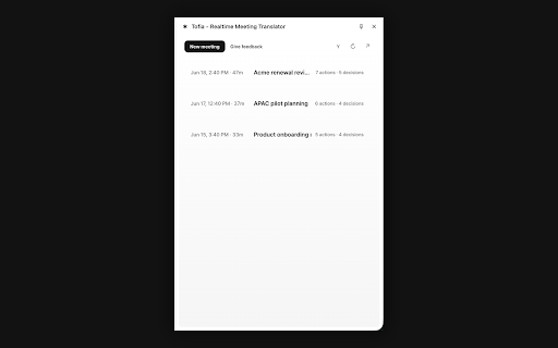 Tofia - Realtime Meeting Translator :: Realtime meeting translator for browser calls, with live transcript, context, and summaries.