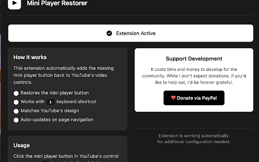 YouTube Mini Player Button Restorer :: Brings back the missing mini player button on YouTube with the same 'i' key functionality.