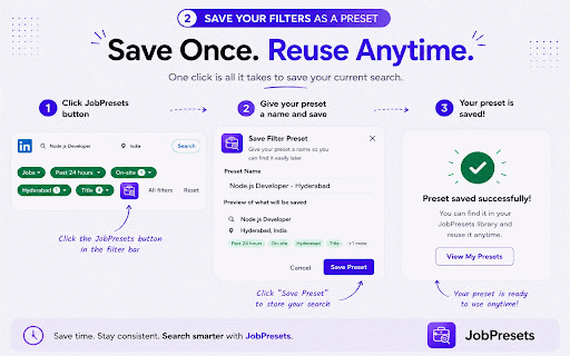 JobPresets :: Save, manage, and instantly reapply LinkedIn job search filters with customizable presets.