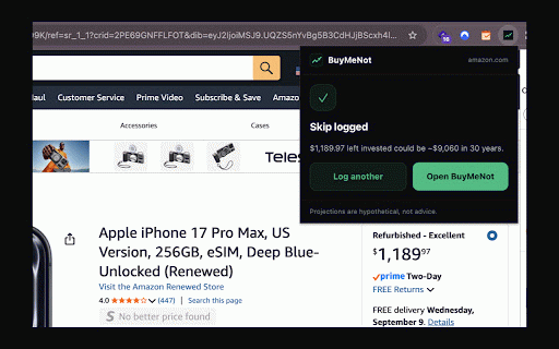 BuyMeNot — log a skip :: Log the thing you didn't buy from the page you didn't buy it on, and see what it compounds to.