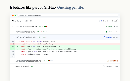 Read PR :: Proof-of-review as a CI check. Tracks time-on-file across GitHub pull requests.