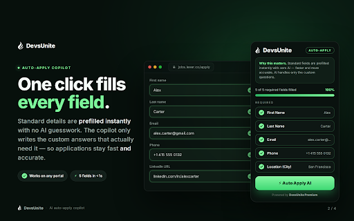DevsUnite Auto-Apply Copilot :: Instantly auto-fill job applications using your DevsUnite profile — powered by Devsunite AI.