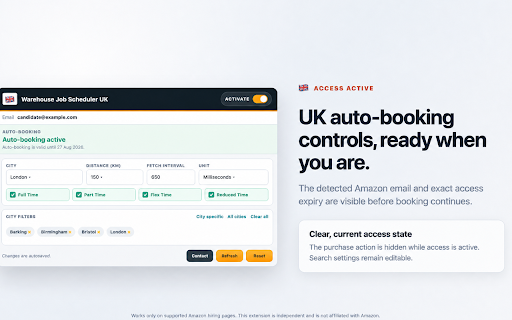 Warehouse Job Scheduler UK :: Monitor Amazon UK warehouse jobs for free, get sound alerts, and optionally unlock auto-booking.