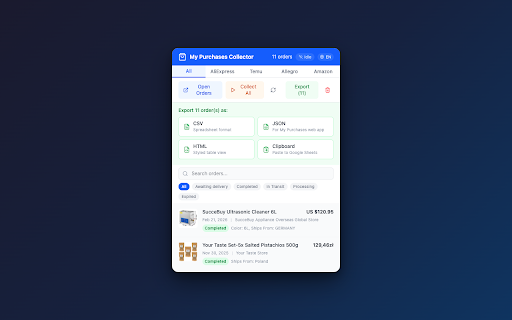 My Purchases Collector :: Automatically collect and export your AliExpress, Temu, Allegro, and Amazon orders to CSV, JSON, HTML, or clipboard.