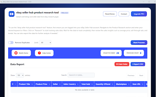 ebay seller hub product research tool :: Exports sold listing and seller data from an already-open eBay Seller Hub Product Research results page.
