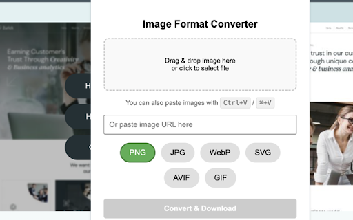 Image Format Converter :: Convert images to PNG, JPG, WebP, SVG, AVIF, or GIF with a right-click. Select images via thumbnails in the popup.