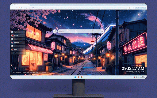 Japan Night Street Live Wallpaper :: Enchanting Japanese street at night with cherry blossoms, neon signs, and Mount Fuji view.