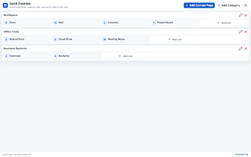 Quick Desktop :: A lightweight speed dial and bookmark organizer for saving, grouping, and opening frequent websites from the browser toolbar.
