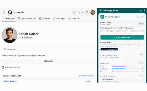 Sourcing Copilot :: Score LinkedIn & GitHub profiles against your ICP. Weighted scoring, outreach drafting & company analysis. All inside your browser.