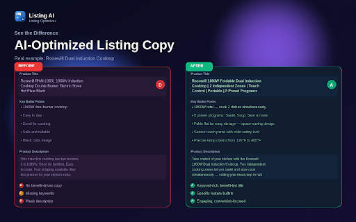 Listing AI - Product Listing Optimizer :: AI listing optimizer for 5 platforms. Diagnose, rewrite content, generate product images — Amazon, Newegg, Mercado Libre & more.