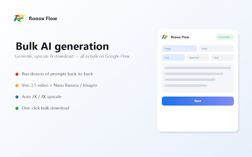 Ronox Flow — Batch Image & Video for Google Flow :: Batch image & video generation on Google Flow (Veo 3.1 & Nano Banana) with auto 2K/4K upscale and one-click bulk download.