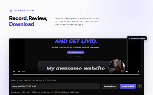 Livid Recorder :: Record your screen, a window or a tab with your camera and microphone, download locally or upload to Livid.