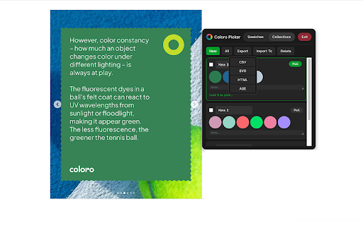 Coloro Picker :: Color picker tool - Capture, save, and export colors from any webpage.