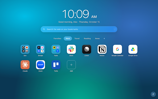 Cadran — Speed Dial for your bookmarks :: A Safari / Vivaldi-style New Tab page: your bookmark folders as icon grids, with a customizable wallpaper.